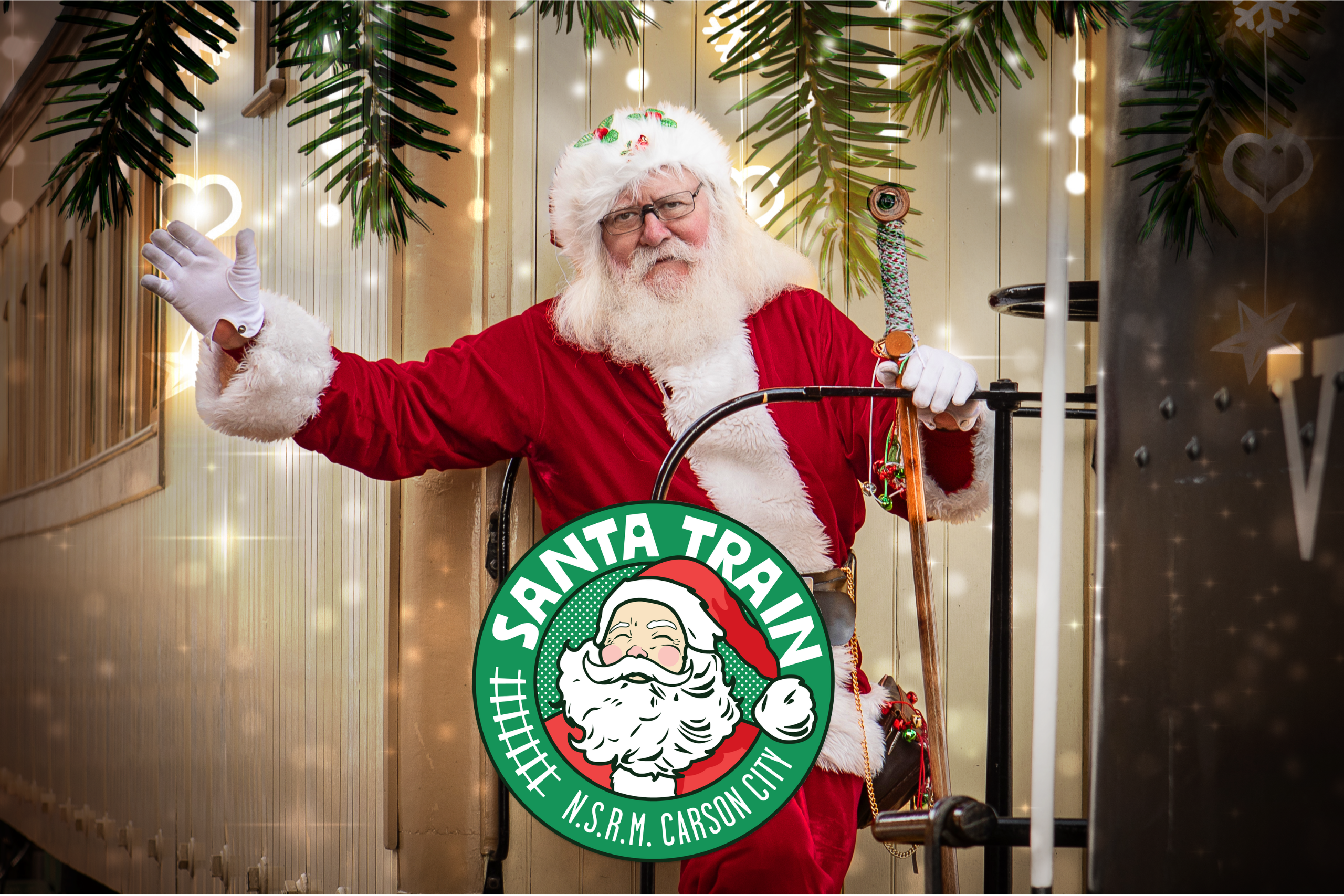 Santa Claus, wearing his traditional red suit and hat, waves to passengers from a train window during the 2023 Nevada State Railroad Museum's Santa Train event.